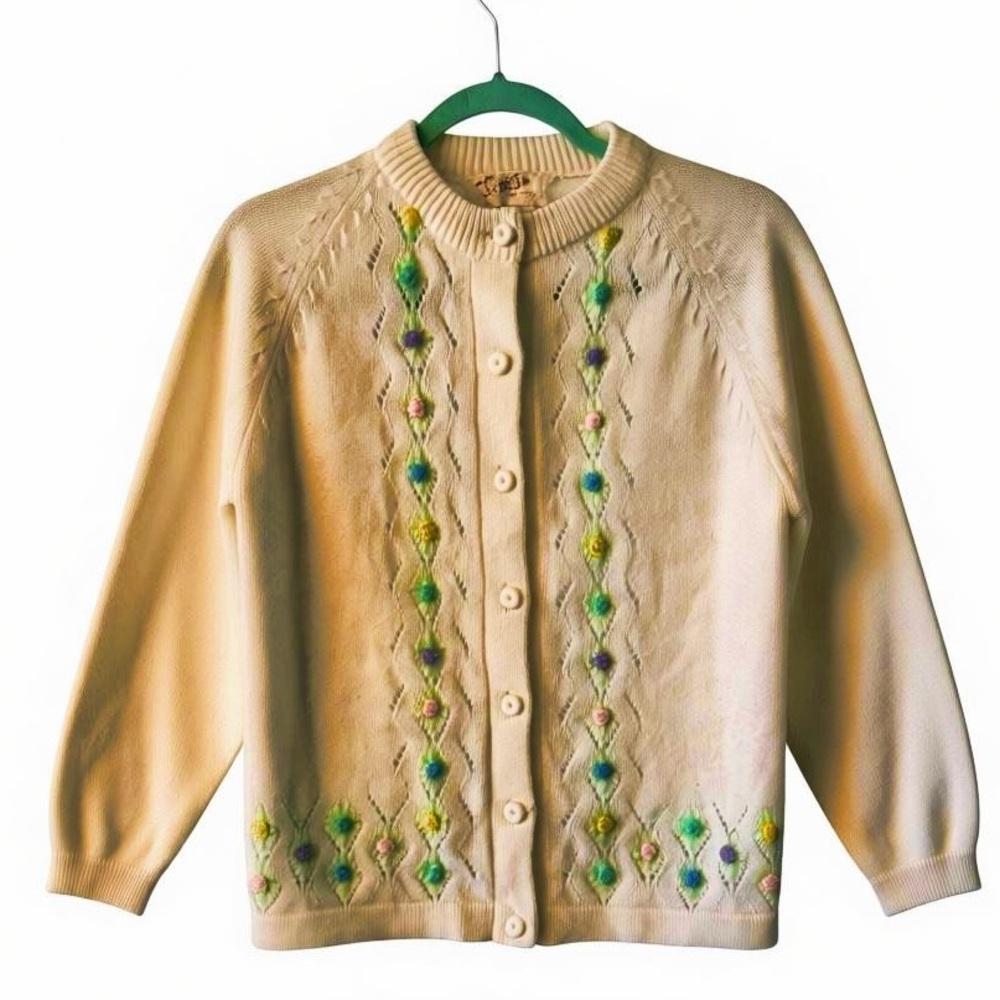Vintage 1960s Teri-Jo New York Embroidered Knit Cardigan – Cream